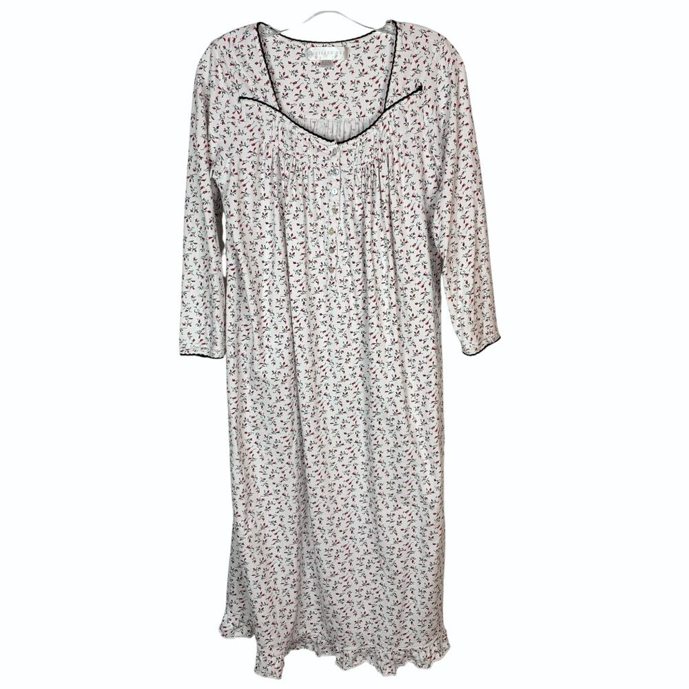 Eileen West Sz Small Long Sleeve Floral Cotton Knit Ballet Nightgown Ruffle Hem